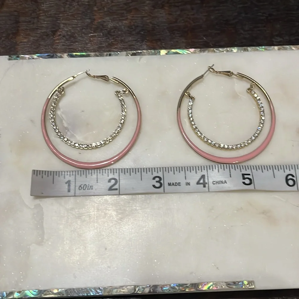 Charming Charlie Pink & Rhinestone big hoop pierced earrings
